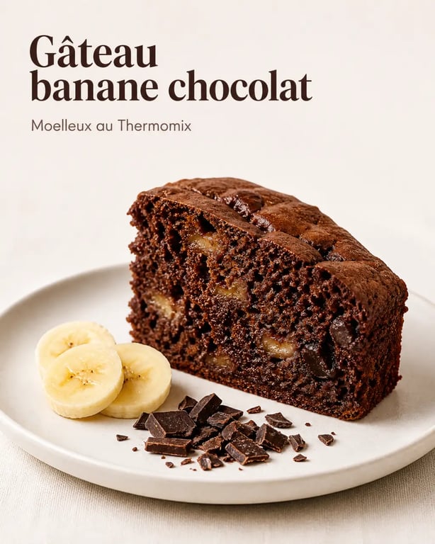 Gâteau banane chocolat Thermomix moelleux servi en tranche sur assiette blanche