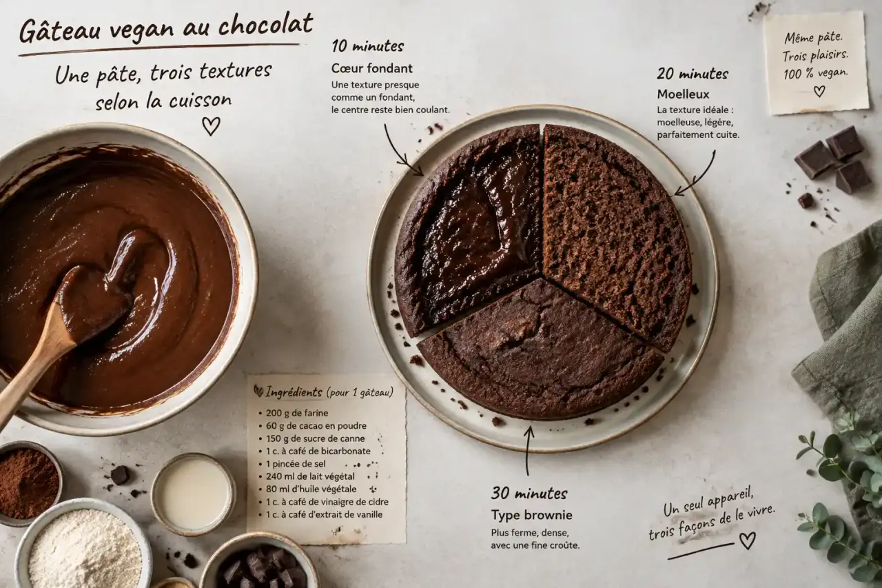 Gâteau vegan au chocolat : une pâte, trois textures selon la cuisson