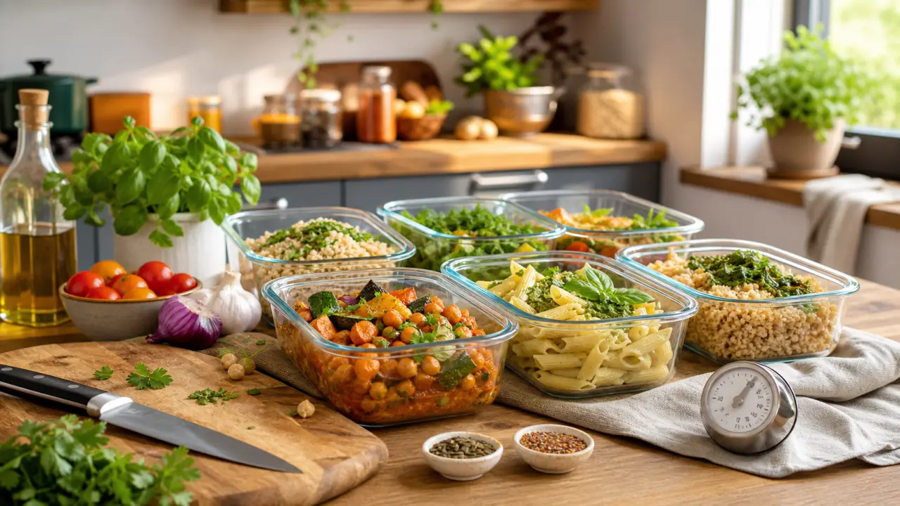 Table de cuisine rustique avec ingrédients frais et plat prêt à servir