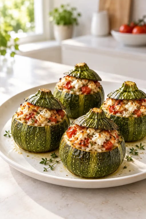 Courgettes rondes recette farcies au riz, à la tomate et au chèvre frais