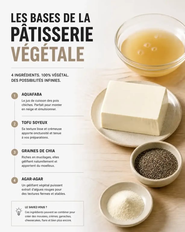 Ingrédients pour recettes de desserts vegan : aquafaba, tofu soyeux et agar-agar