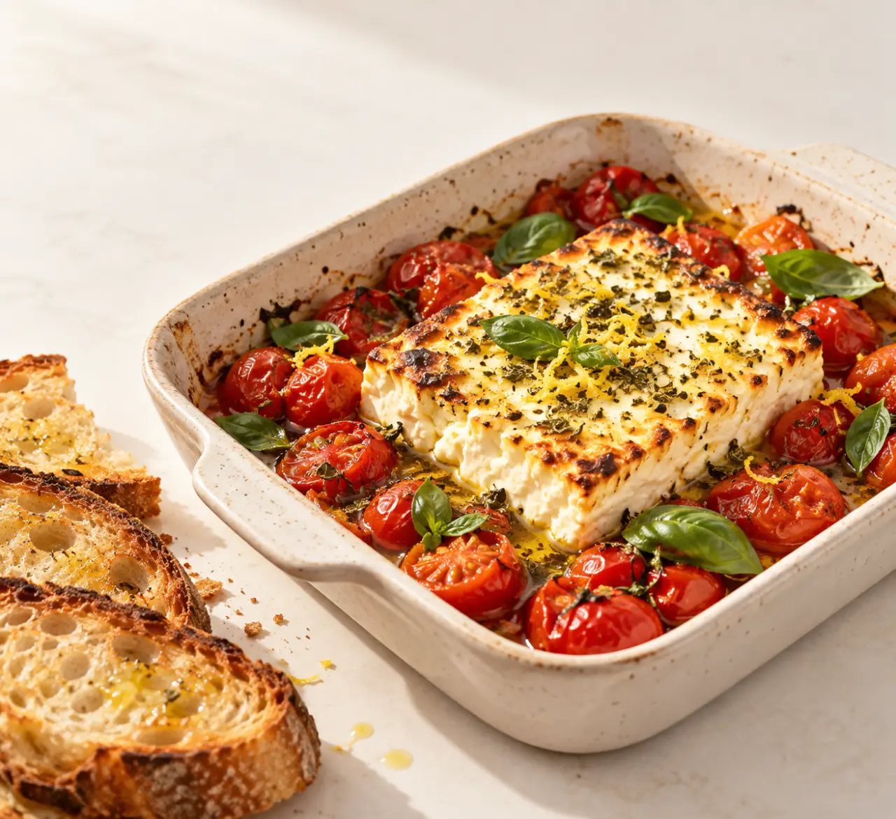 Recette avec feta chaude rôtie au four aux tomates cerises et à l'origan