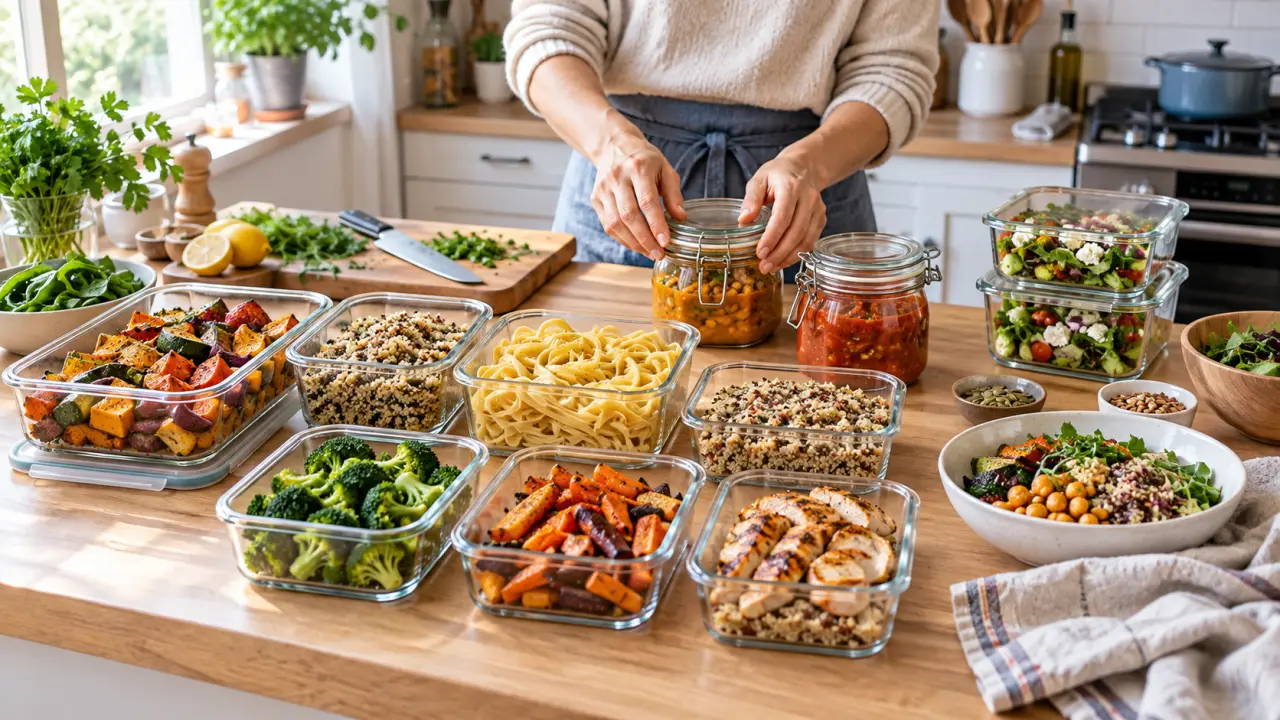 Boîtes de repas préparés à l’avance sur un plan de travail de cuisine