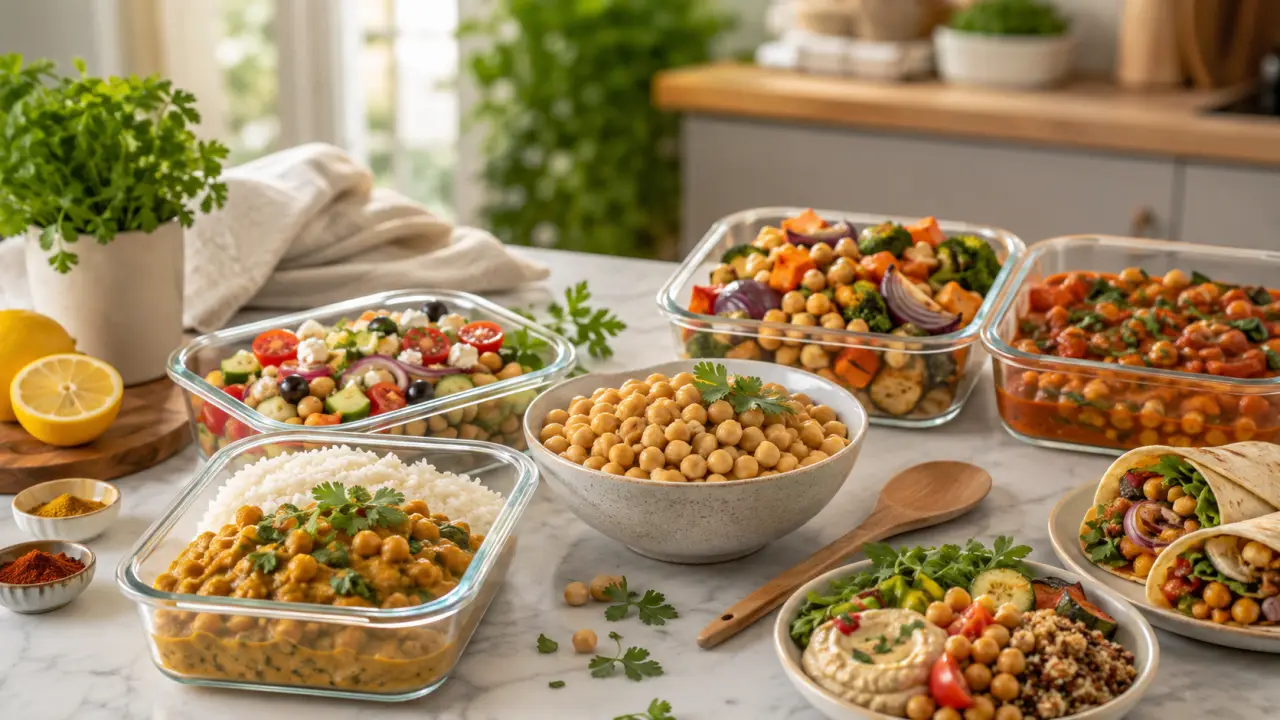 Table de cuisine rustique avec ingrédients frais et plat de pâtes dressé
