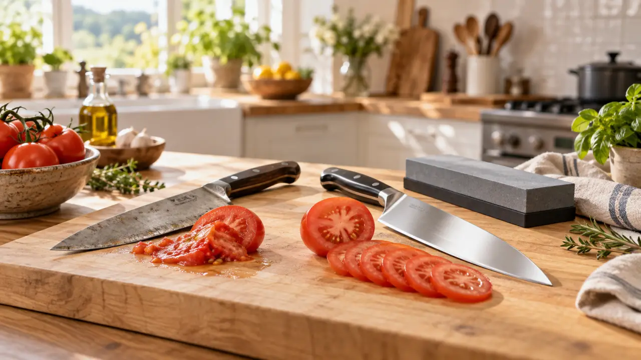 Affûtage maison d'un couteau de cuisine sur une pierre à aiguiser
