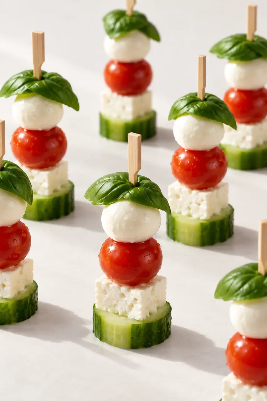 Brochette froide apéritif correctement montée avec des ingrédients bien maintenus