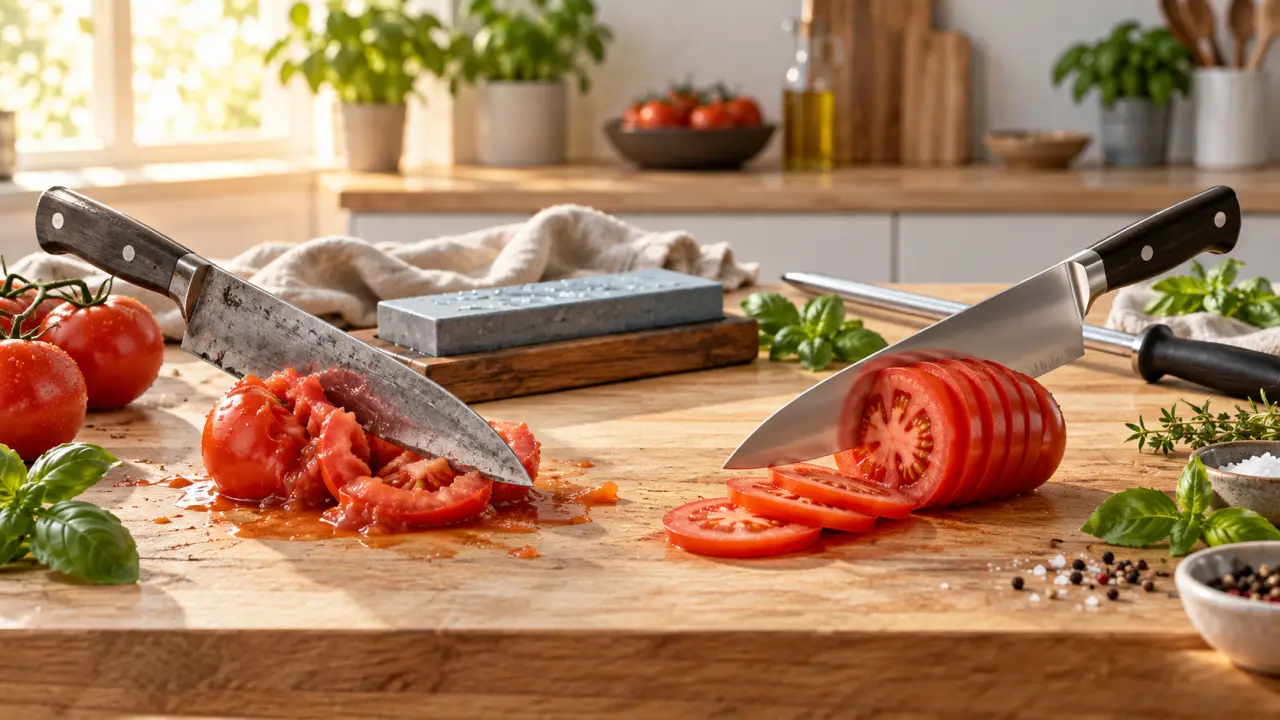 Affûtage maison d'un couteau de cuisine sur une pierre à aiguiser